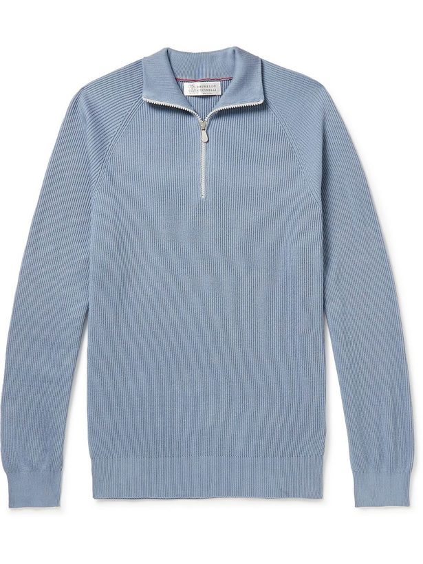Photo: Brunello Cucinelli - Slim-Fit Ribbed Cotton Half-Zip Sweater - Blue