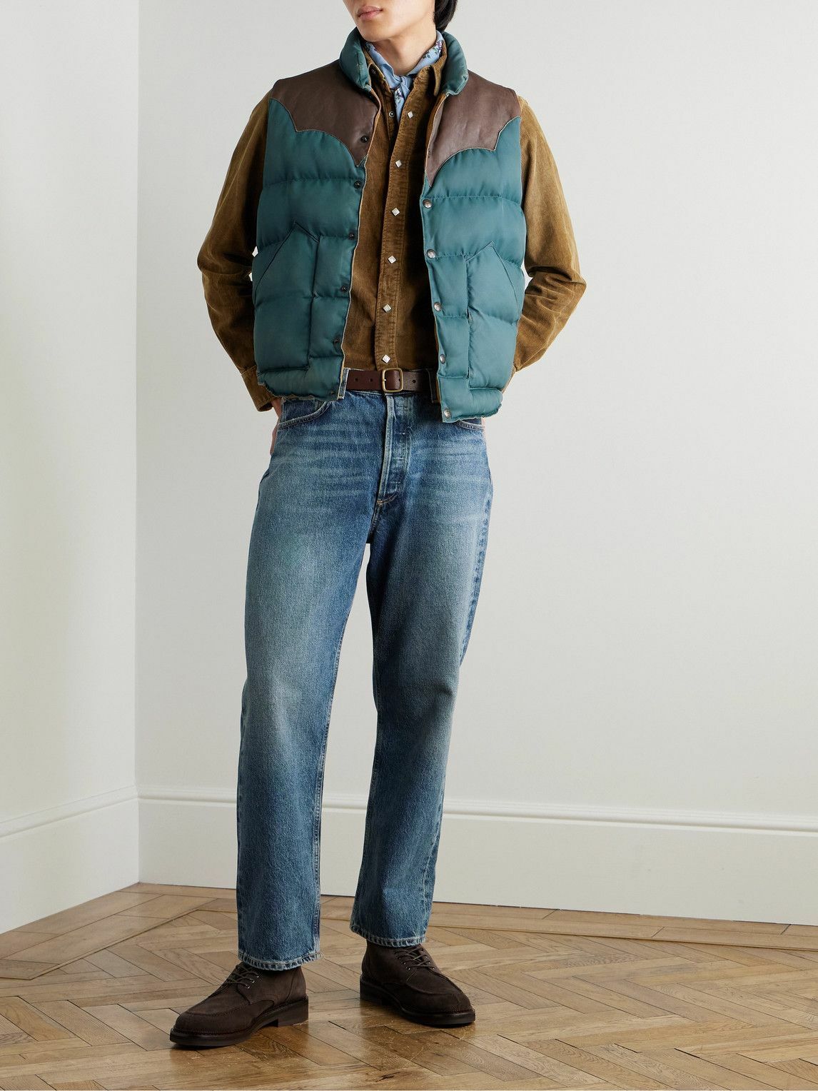 RRL - Stonely Leather-Trimmed Quilted Shell Gilet - Blue