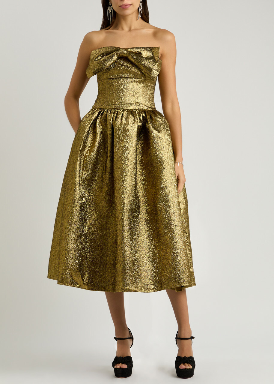 Self-portrait Bow Strapless Metallic Cloqué Midi Dress Gold
