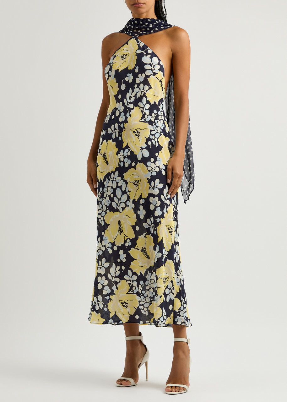 knee length dresses for ladies Black And Yellow Floral Morgan Midi Dress main image 1
