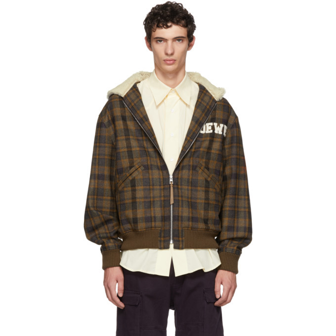 Loewe Brown Tartan Zip Shearling Hood Jacket Loewe