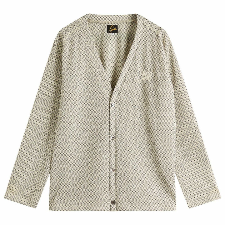 Photo: Needles Men's Woven V-Neck Cardigan in Natural/Black Grid