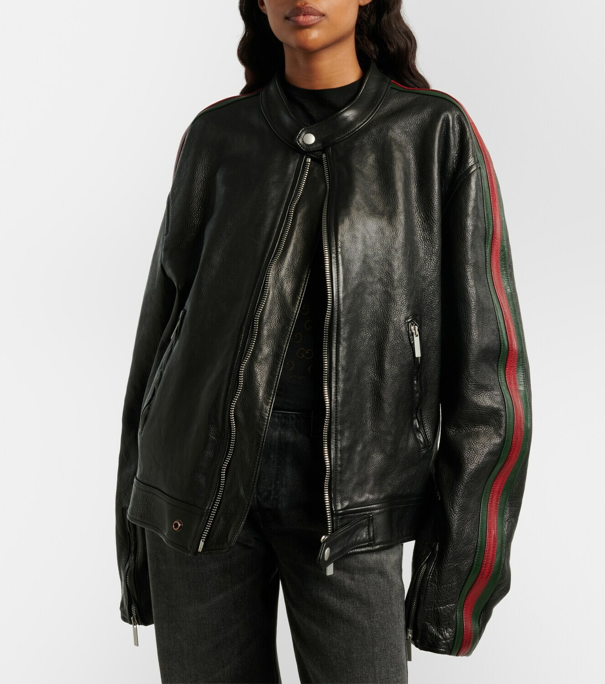 Gucci Web Stripe leather biker jacket