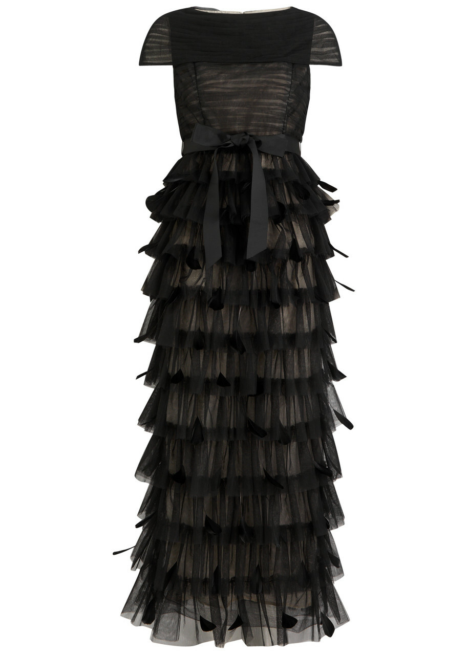 Huishan Zhang Michelle Feather-embellished Tulle Midi Dress Black