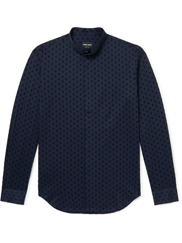 Photo: GIORGIO ARMANI - Grandad-Collar Flocked Cotton-Sateen Shirt - Blue