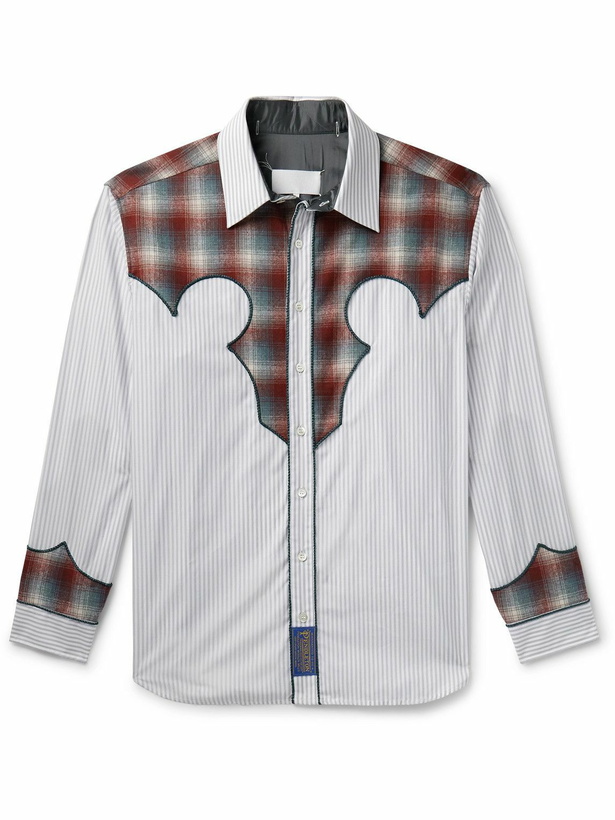 Photo: Maison Margiela - Checked Wool and Striped Cotton-Poplin Shirt - Gray