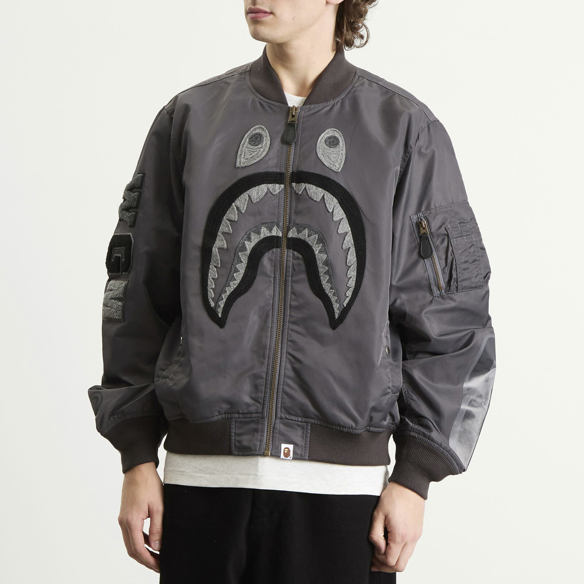 A Bathing Ape Men's Tonal Shark MA-1 Jacket in Charcoal A Bathing Ape
