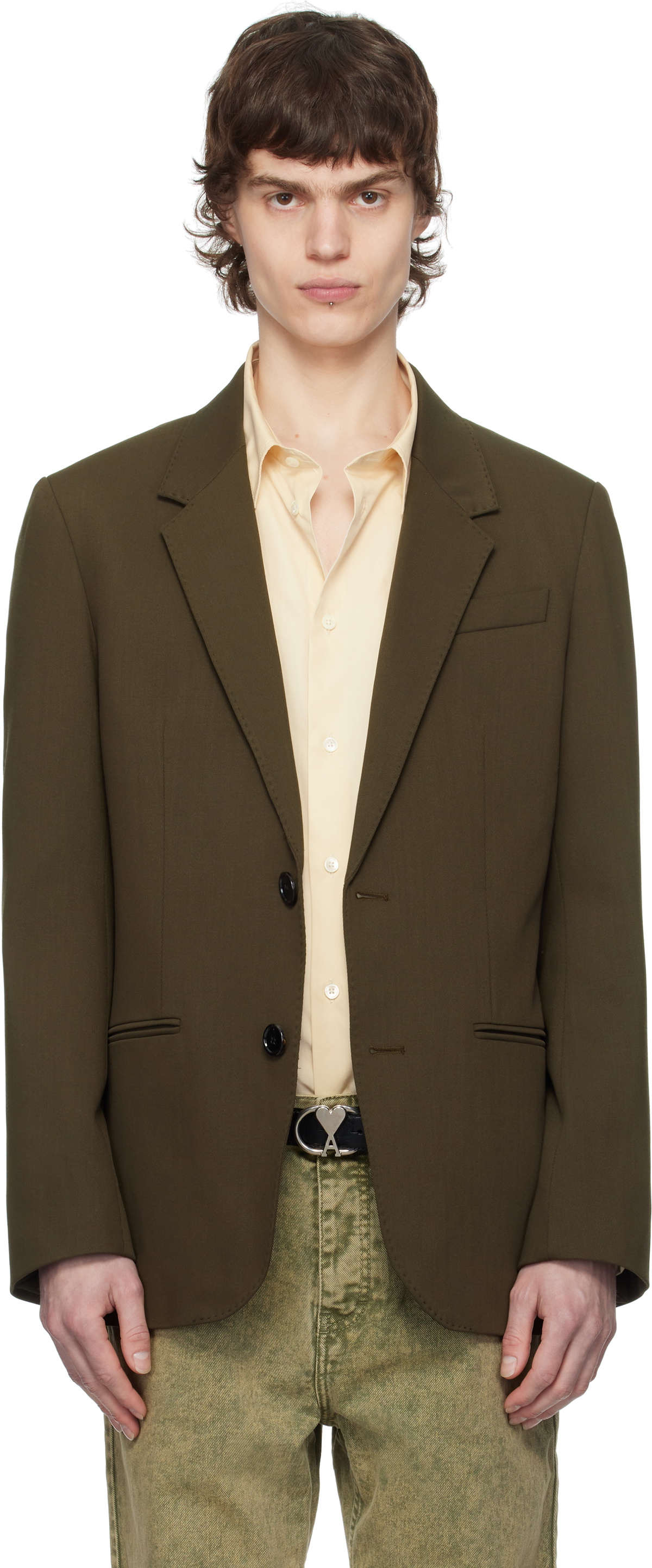 AMI Paris Khaki Wool Semi-Lined Blazer