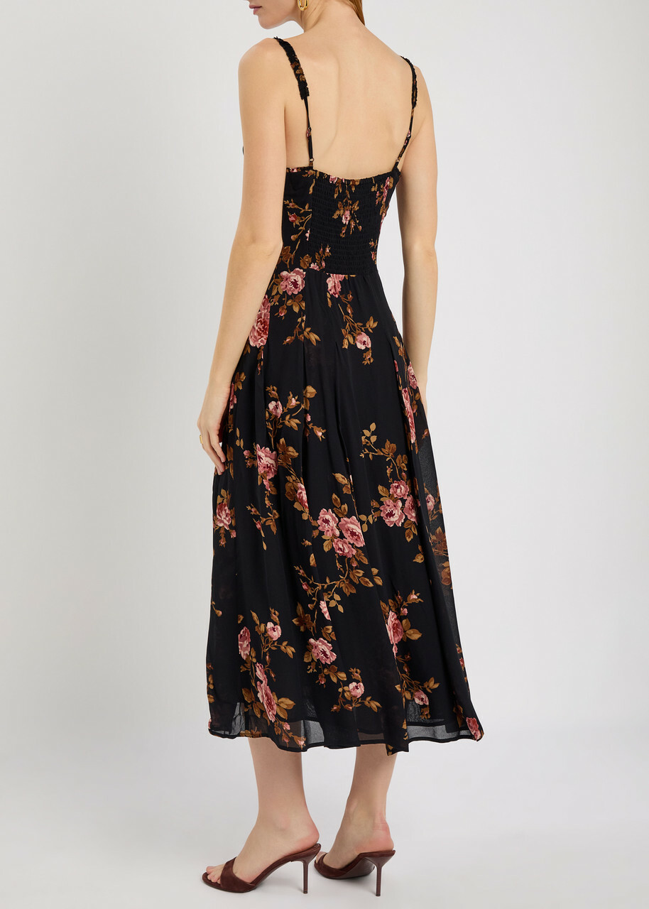 Reformation Katara Floral-print Georgette Midi Dress Black