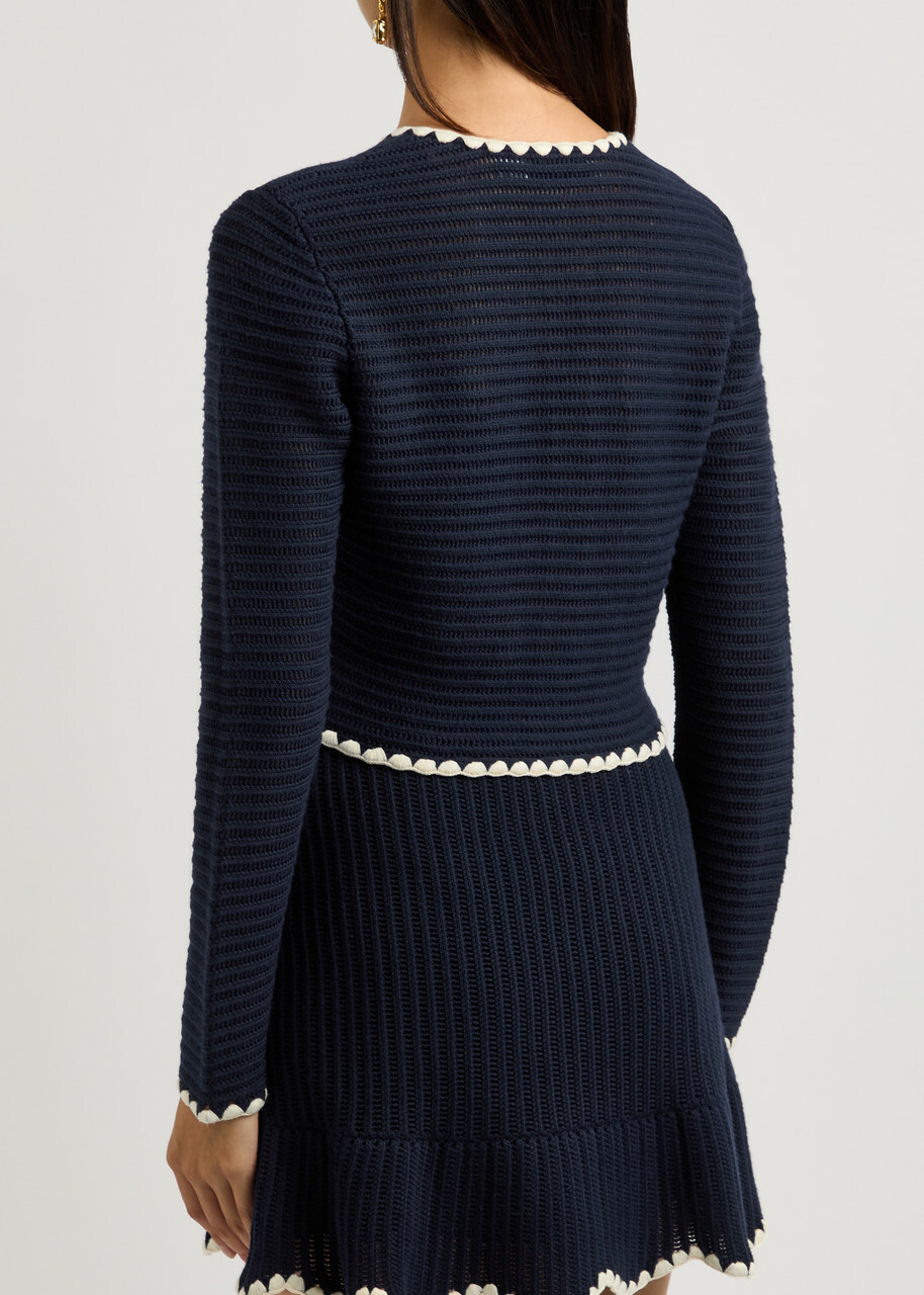 Self-portrait Whipstitch-trim Cotton-blend Cardigan Navy Self-Portrait