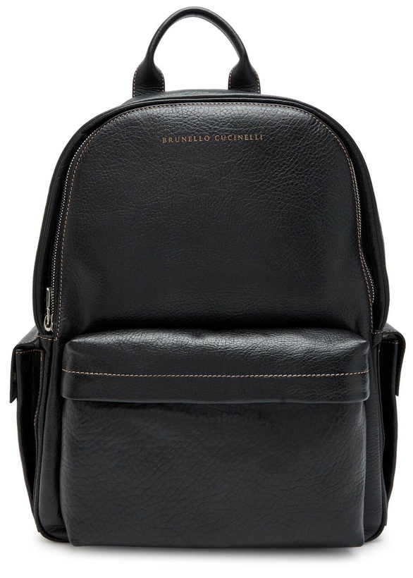 Photo: Brunello Cucinelli Logo Grained Leather Backpack - Black - One Size