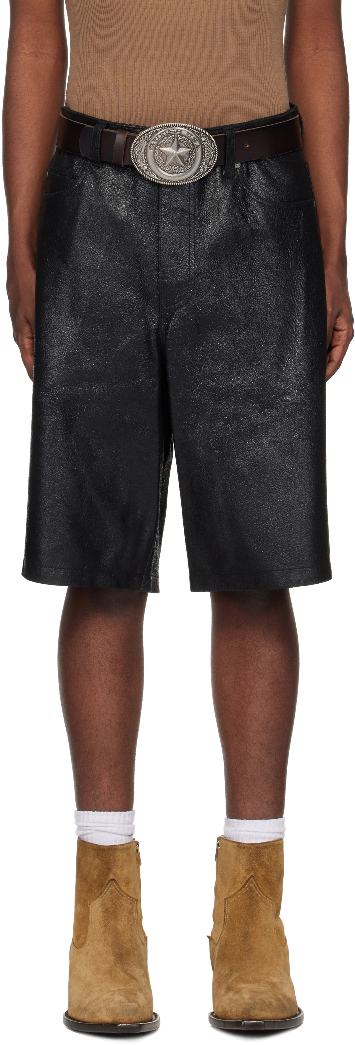 GUESS USA Black Crackle Leather Shorts