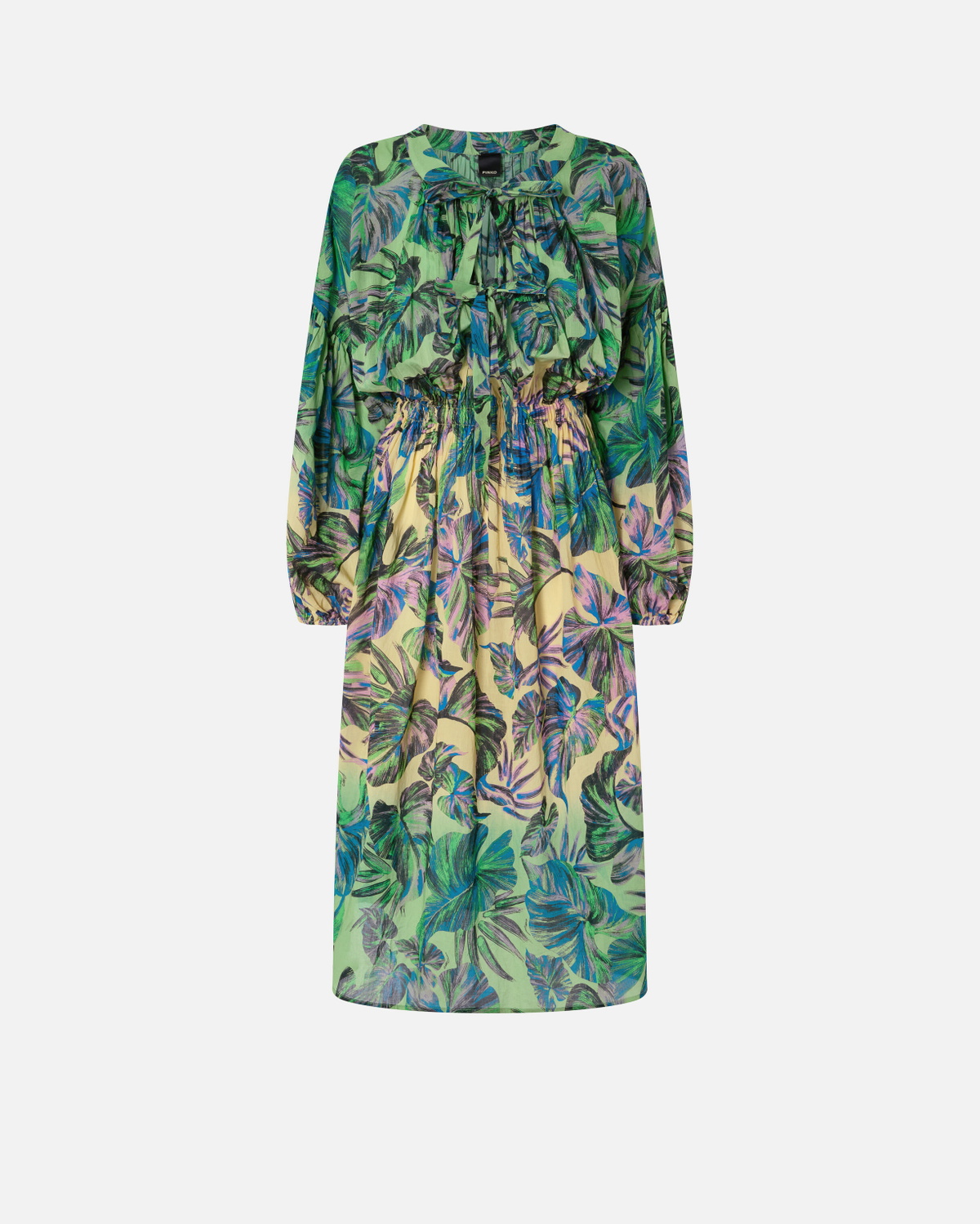 Pinko Wide Midi Dress With Tropical Leaf Motif Multi. Yellow/Pink