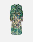 Pinko Wide Midi Dress With Tropical Leaf Motif Multi. Yellow/Pink