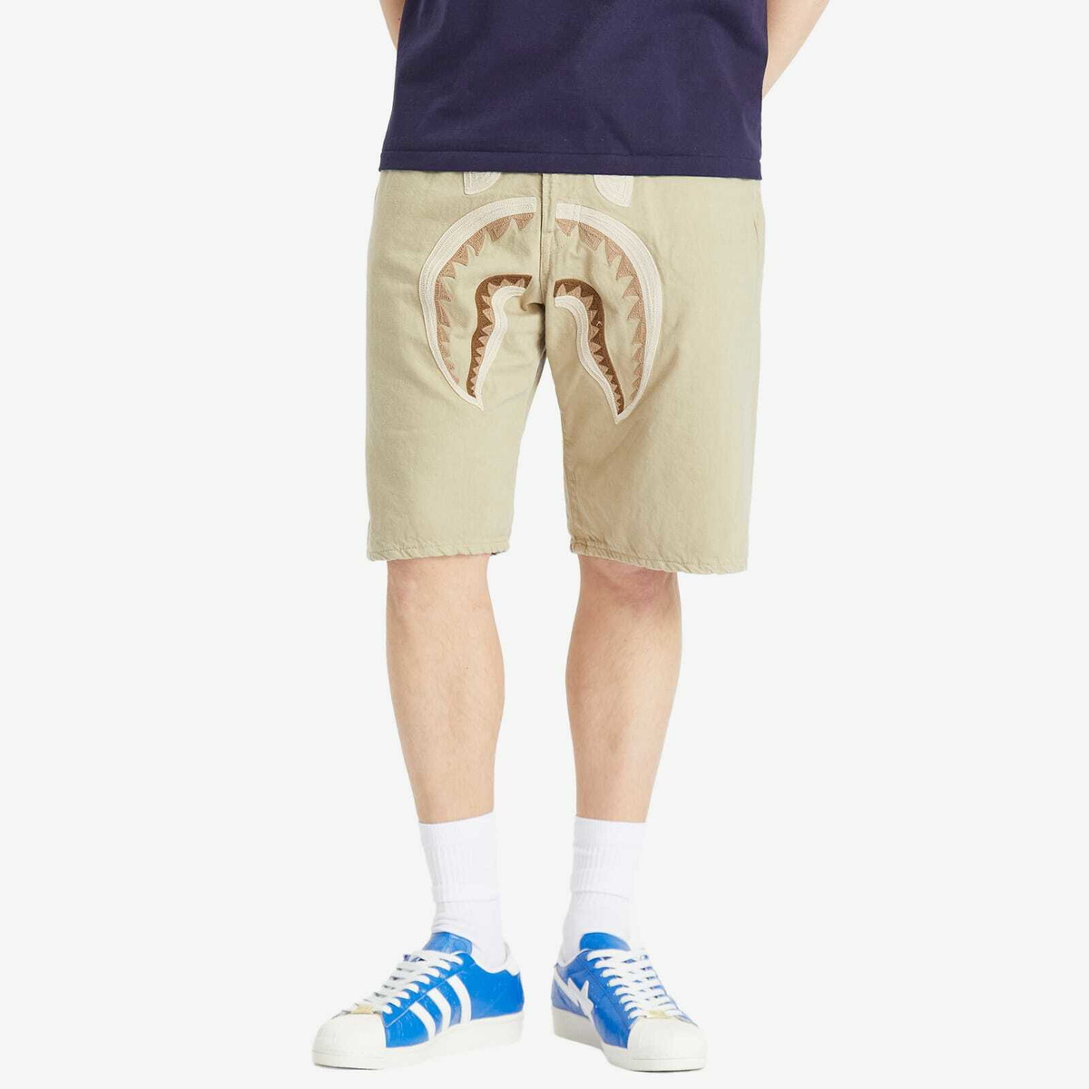 A Bathing Ape Men's Shark Garment Dye Relaxed Fit Denim Shorts in Beige