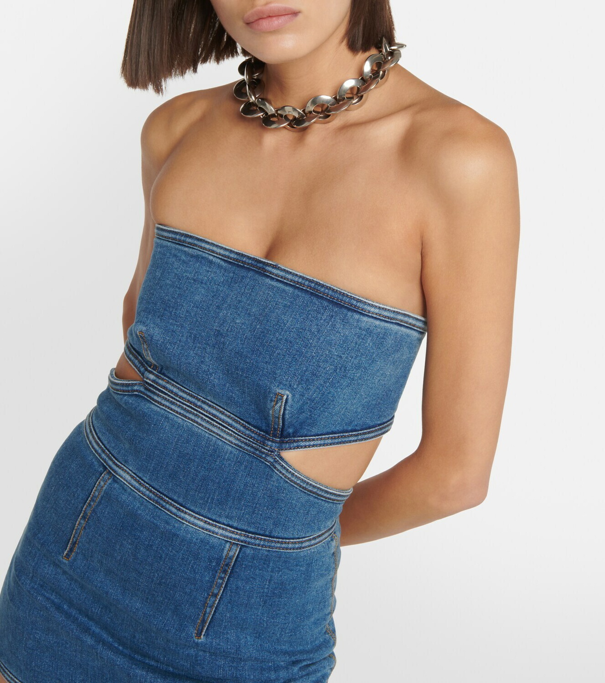 denim and rhinestone dress Sadie Light Wash Denim Rhinestone Ruffle Open Back Skater Mini Dress S / Light Wash main image 0