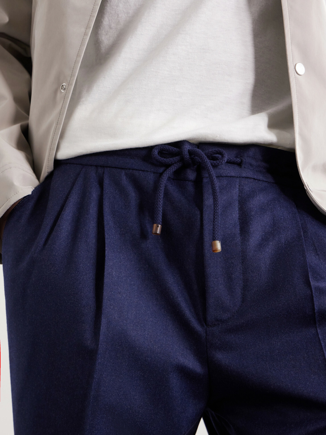 Brunello Cucinelli - Tapered Pleated Virgin Wool-Flannel Drawstring Trousers - Blue