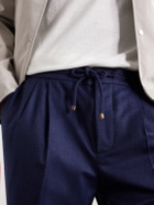 Brunello Cucinelli - Tapered Pleated Virgin Wool-Flannel Drawstring Trousers - Blue