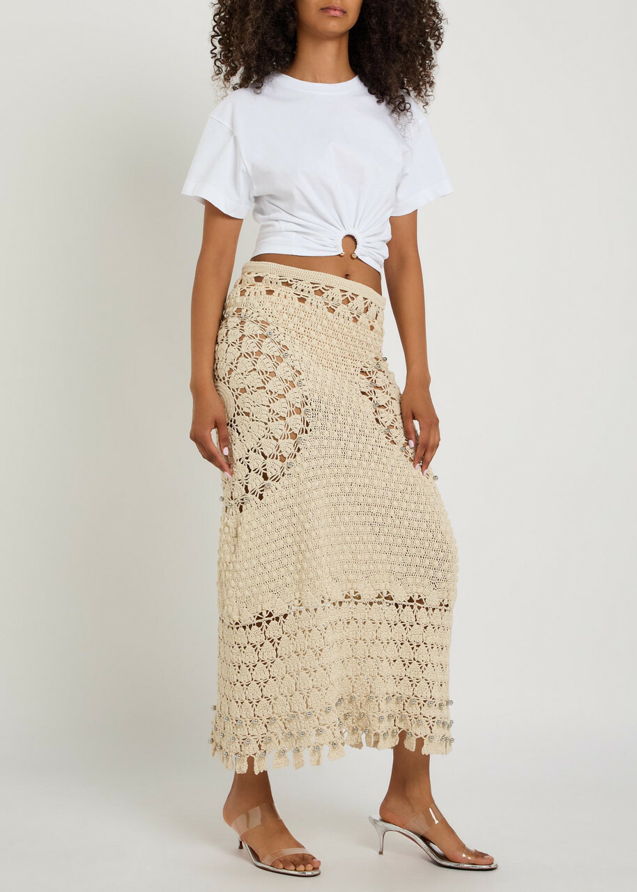 Rabanne Bead-embellished Crochet Cotton Midi Skirt Ecru