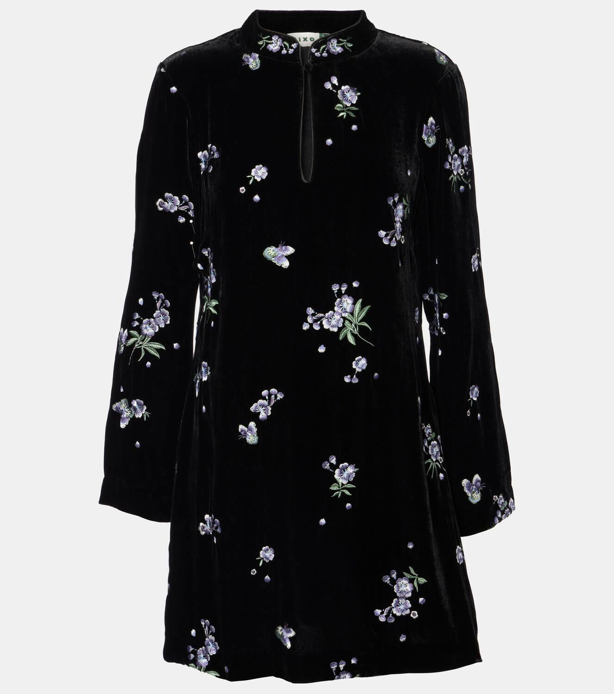 knee length dresses for ladies Calla Velvet Mini Dress in Black Blossom Embroidery Blue