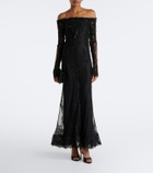 Blumarine Embellished off-shoulder lace gown