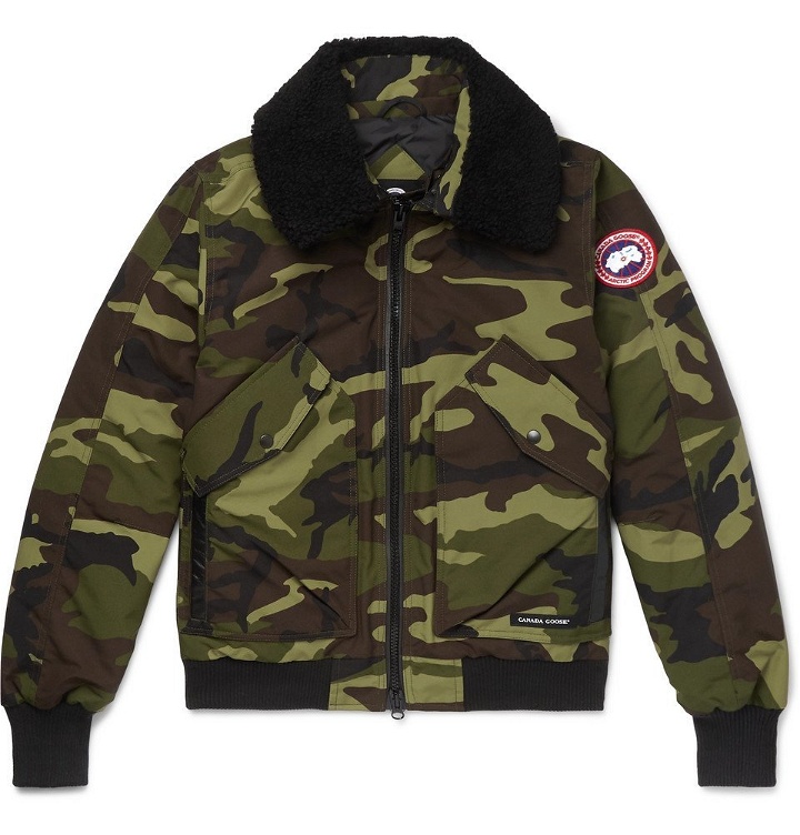 Photo: Canada Goose - Bromley Shearling-Trimmed Camouflage-Print Shell Down Bomber Jacket - Men - Army green