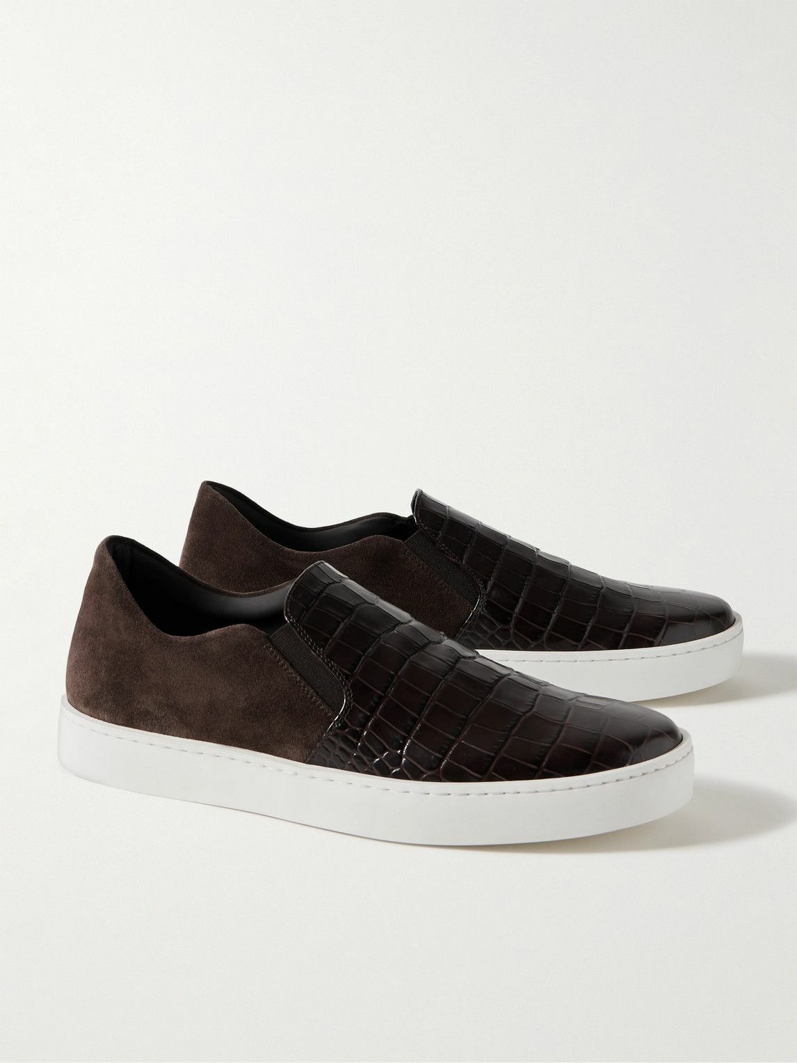 Manolo Blahnik - Nadores Suede and Croc-Effect Leather Slip-On Sneakers - Brown