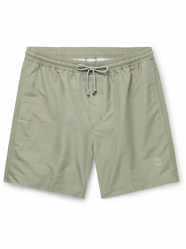 Photo: Brunello Cucinelli - Streaight-Leg Long-Length Logo-Embroidered Swim Shorts - Green