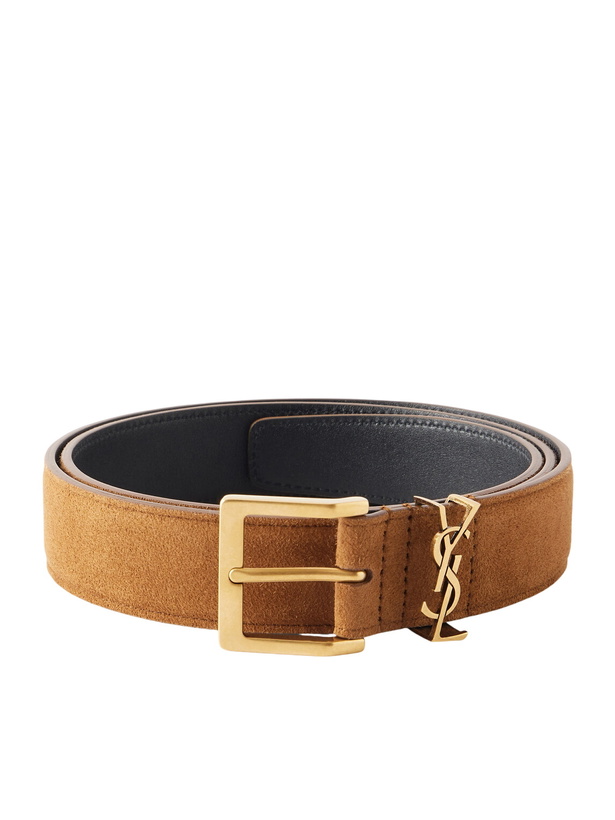 Photo: SAINT LAURENT - 3 cm Logo-Embellished Suede Belt - Brown