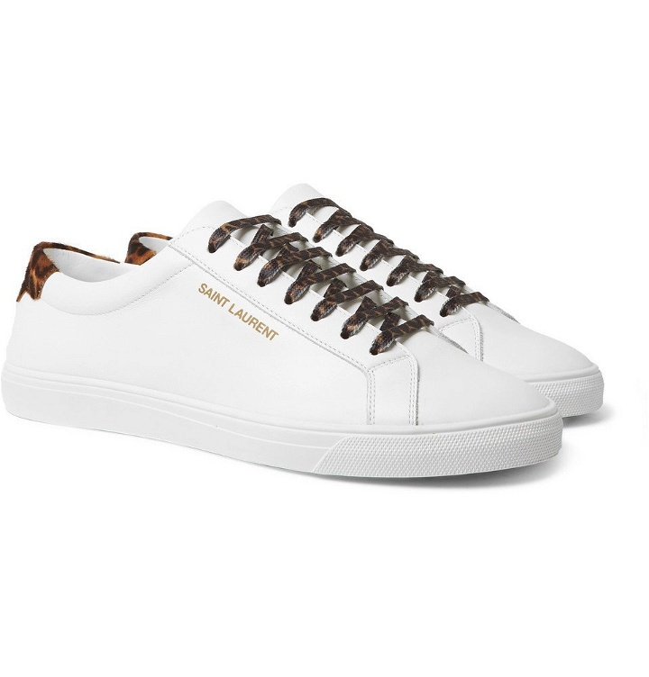 Photo: SAINT LAURENT - Andy Leopard-Print Calf Hair-Trimmed Leather Sneakers - White