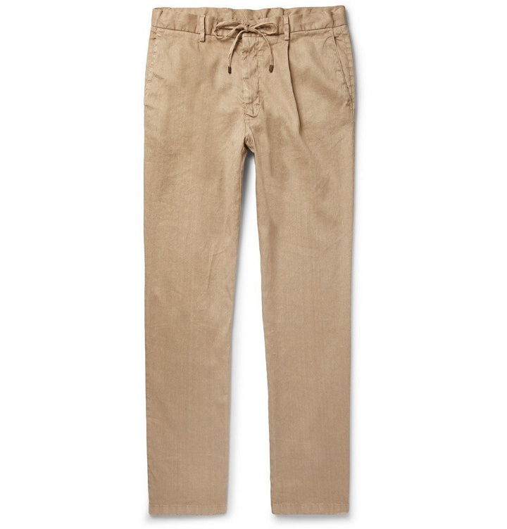 Photo: Beams F - Slim-Fit Tapered Pleated Linen-Blend Twill Drawstring Trousers - Beige