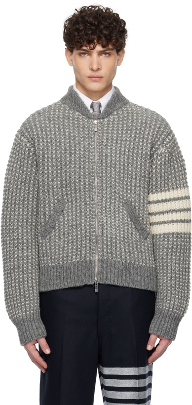 Photo: Thom Browne Gray Irish Wool 4-Bar Bomber Jacket