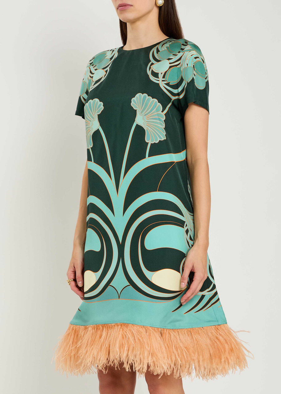 LA Double J Swing Feather-embellished Silk Midi Dress Blue