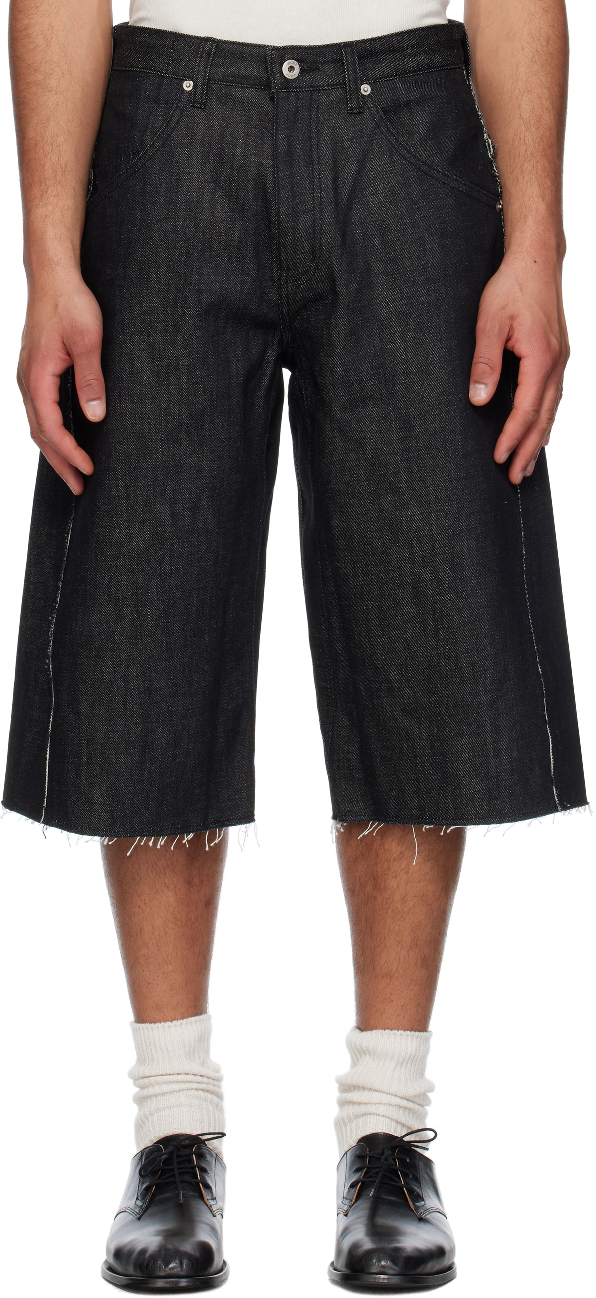 COOR Black Raw Cut Engineer Denim Bermuda Shorts