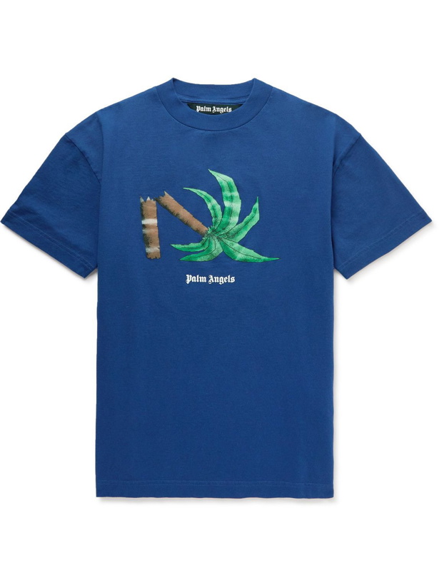 Photo: Palm Angels - Logo-Print Cotton-Jersey T-Shirt - Blue