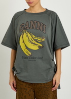 Ganni Printed Drawstring Cotton T-shirt Grey