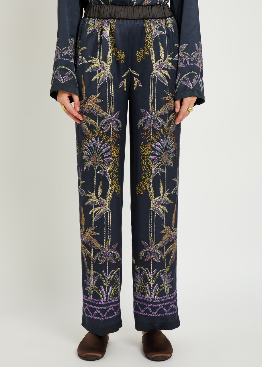 Forte_forte Floral-print Straight-leg Satin Trousers Navy
