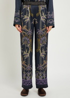 Forte_forte Floral-print Straight-leg Satin Trousers Navy