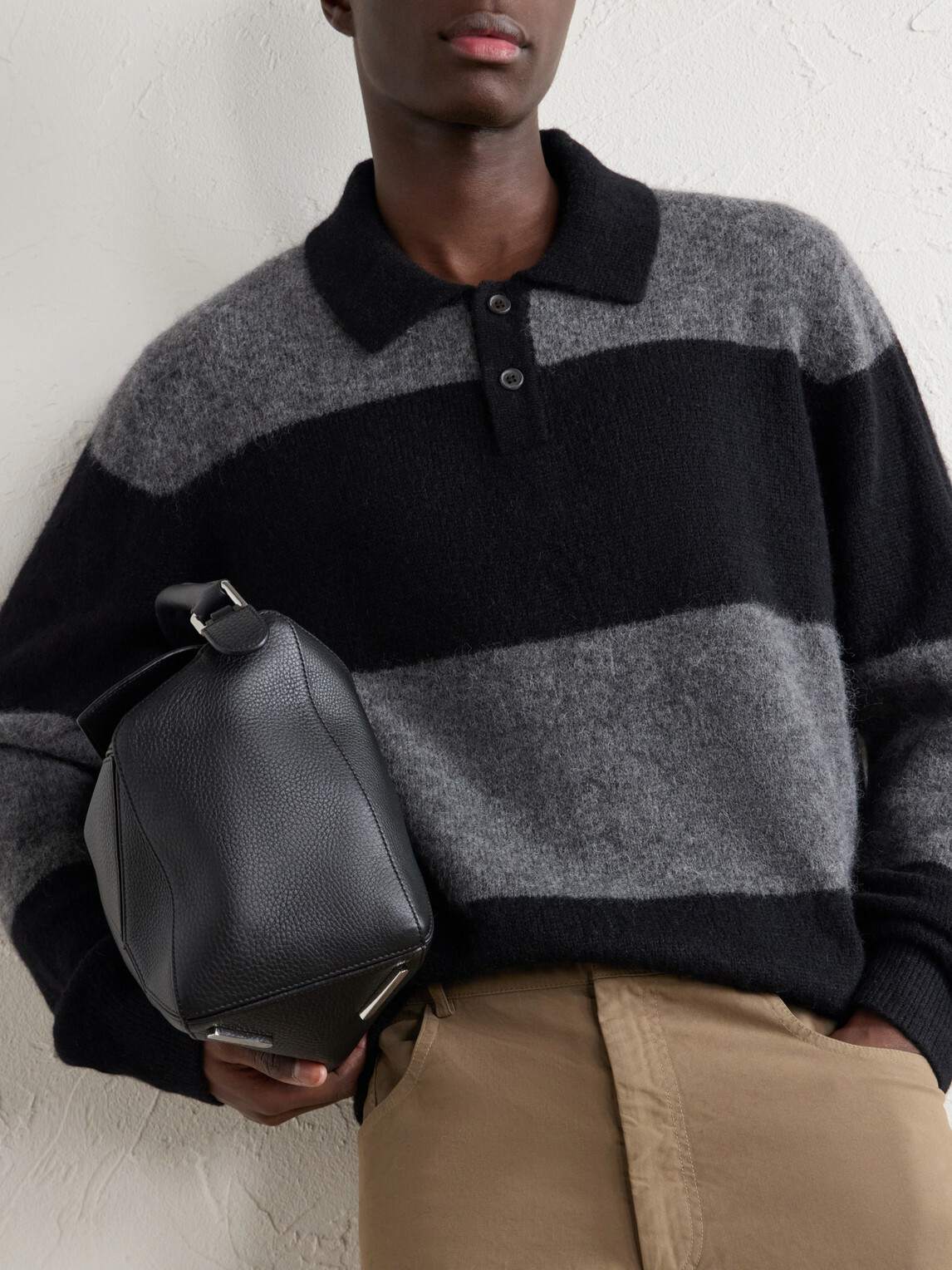 Corridor - Striped Woven Brushed Alpaca-Blend Polo Sweater - Black