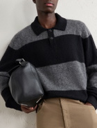 Corridor - Striped Woven Brushed Alpaca-Blend Polo Sweater - Black