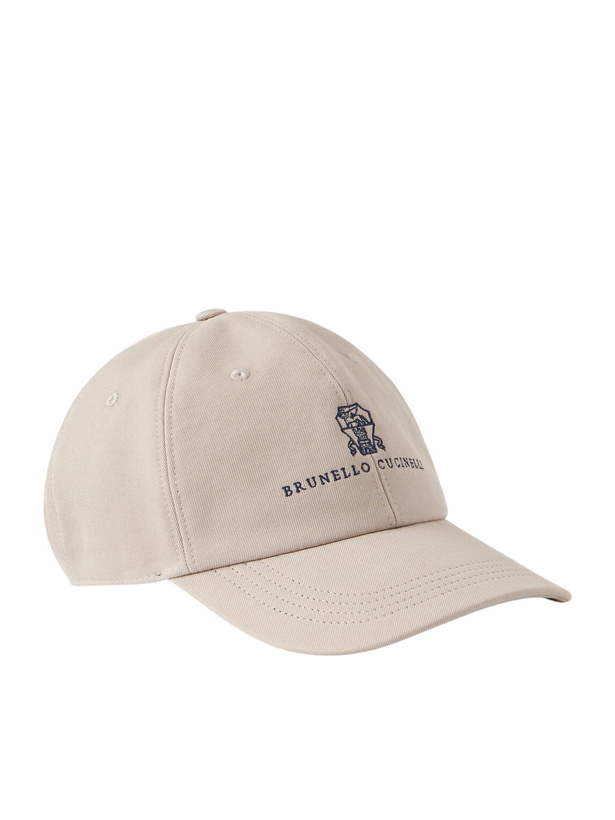 Photo: Brunello Cucinelli - Logo-Embroidered Leather-Trimmed Cotton-Twill Baseball Cap - Neutrals