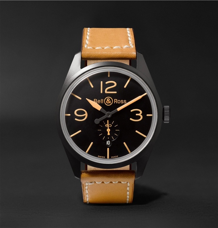 Photo: Bell & Ross - BR 123 Heritage Automatic 41mm PVD-Coated Steel and Leather Watch - Black
