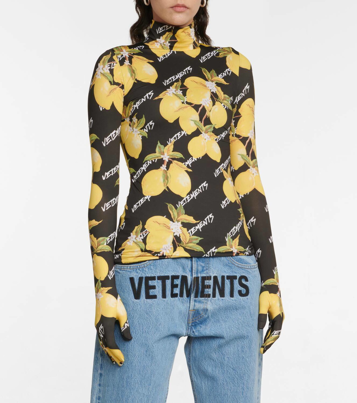 Vetements Printed jersey turtleneck top with gloves