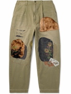KAPITAL - Katsuragi Tapered Appliquéd Distressed Cotton-Twill Trousers - Unknown