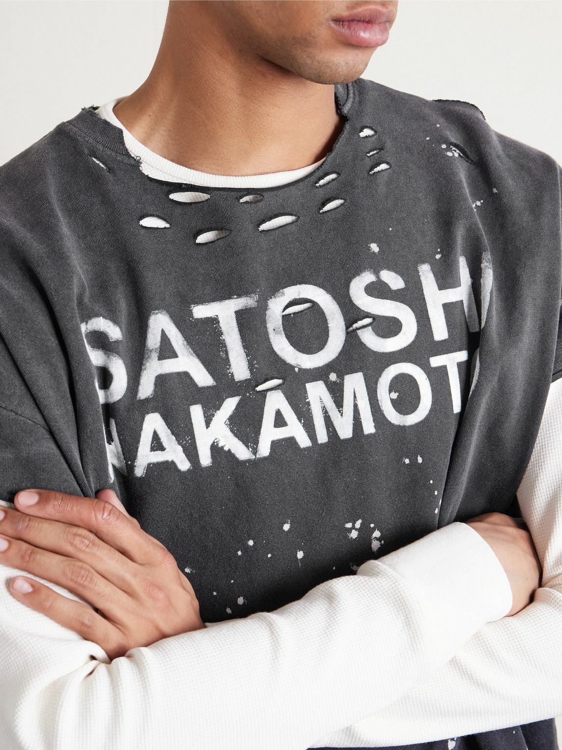 Satoshi Nakamoto - Luke Distressed Layered Logo-Print Waffle-Knit and Cotton-Jersey T-Shirt - Black