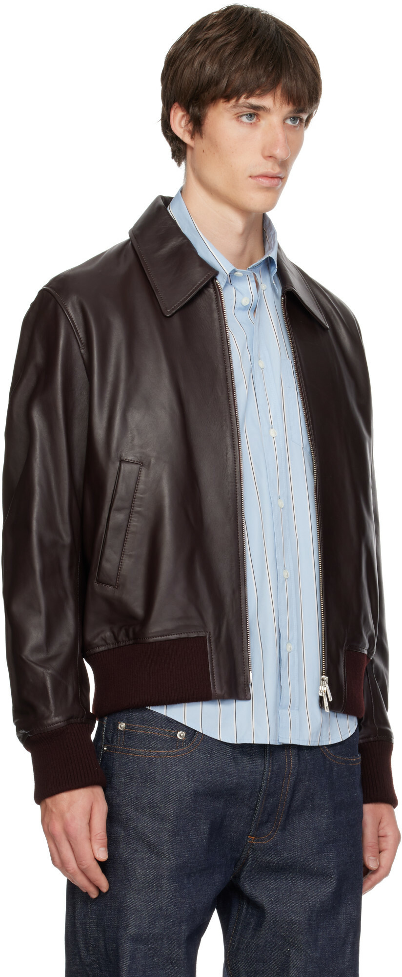 AMI Paris Brown Lamb Leather Zipped Jacket