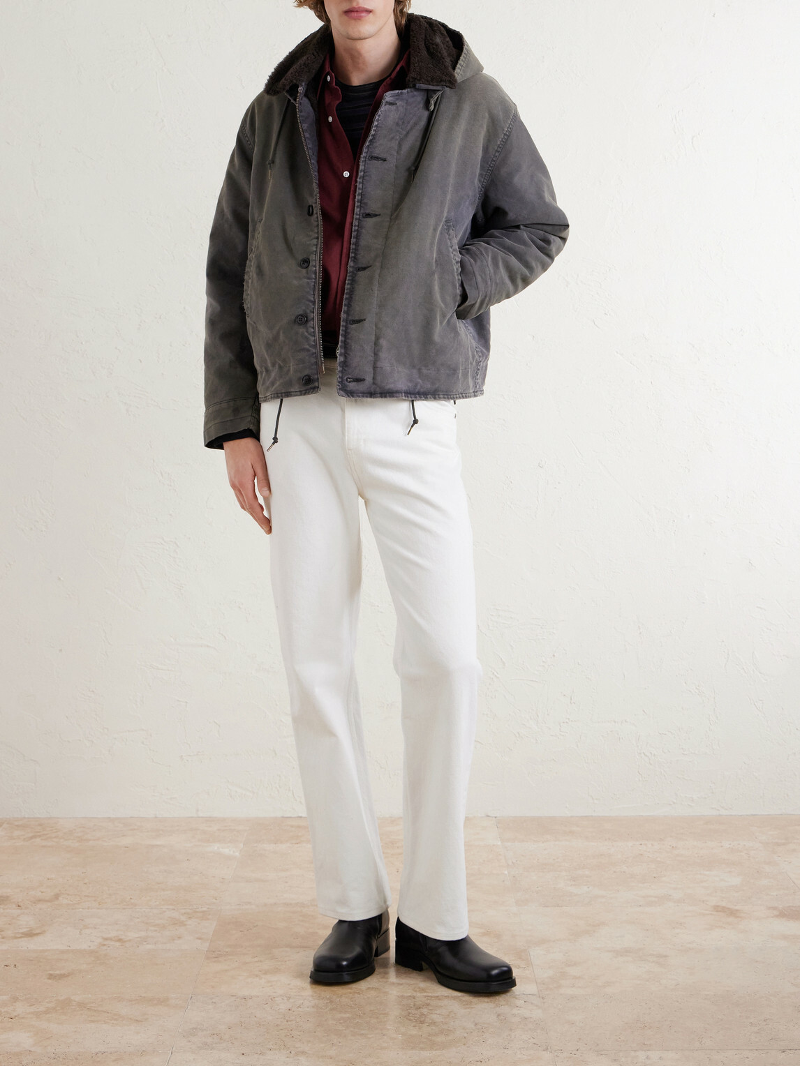 A.PRESSE - Fleece-Lined Distressed Cotton-Canvas Hooded Jacket - Gray