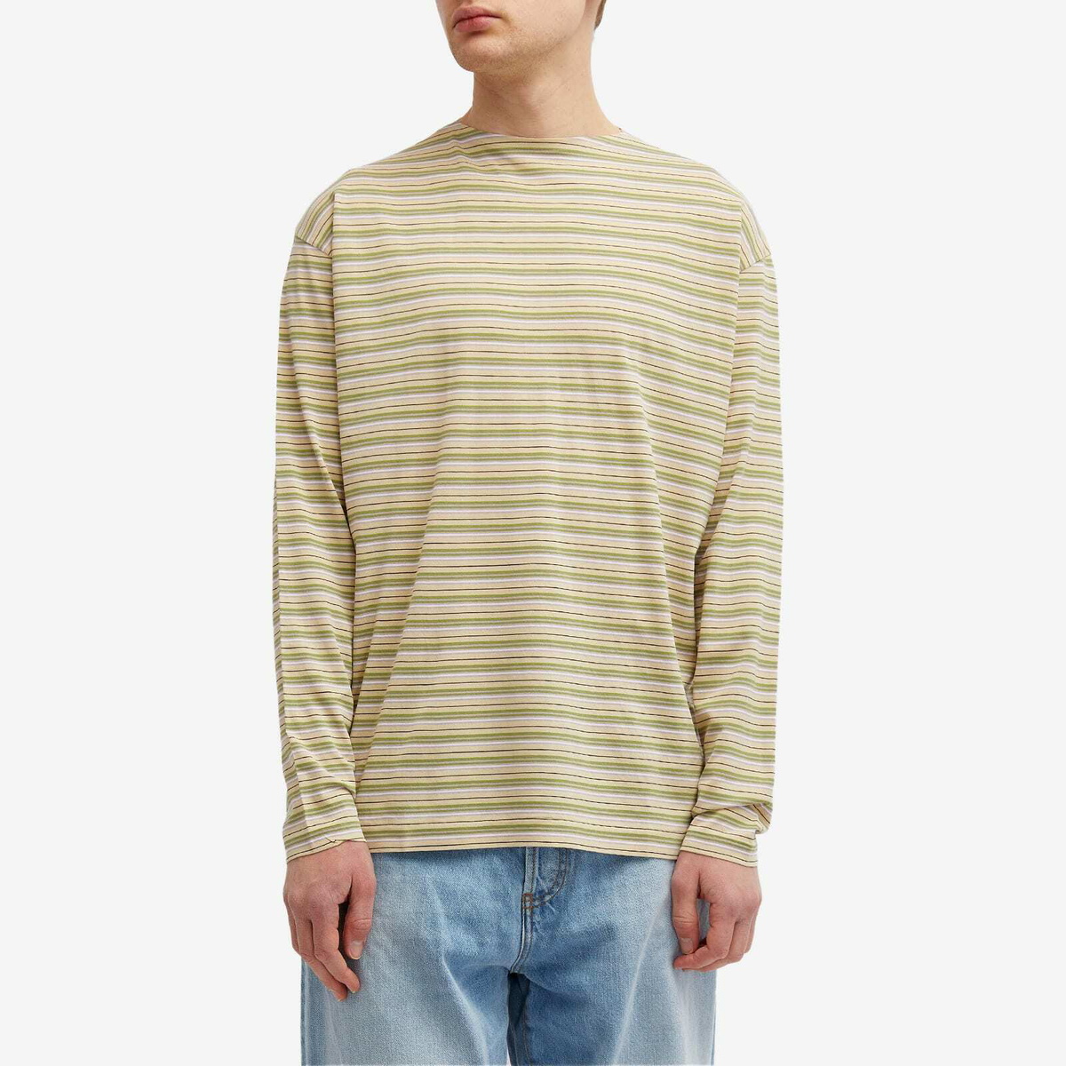 Auralee Men's Hard Twist Stripe Long Sleeve in Light Green Border