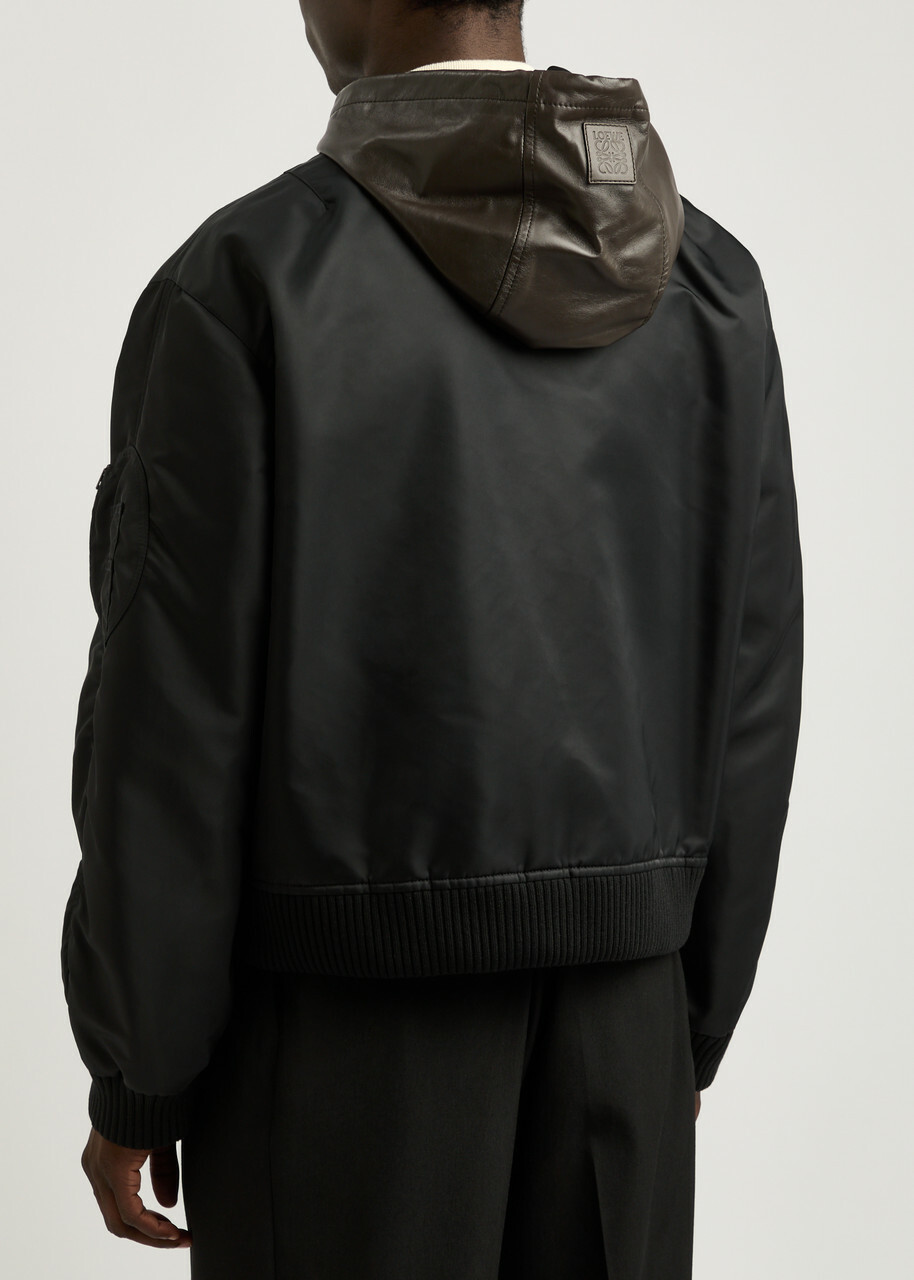 Loewe Hooded Leather and Nylon Bomber Jacket Black