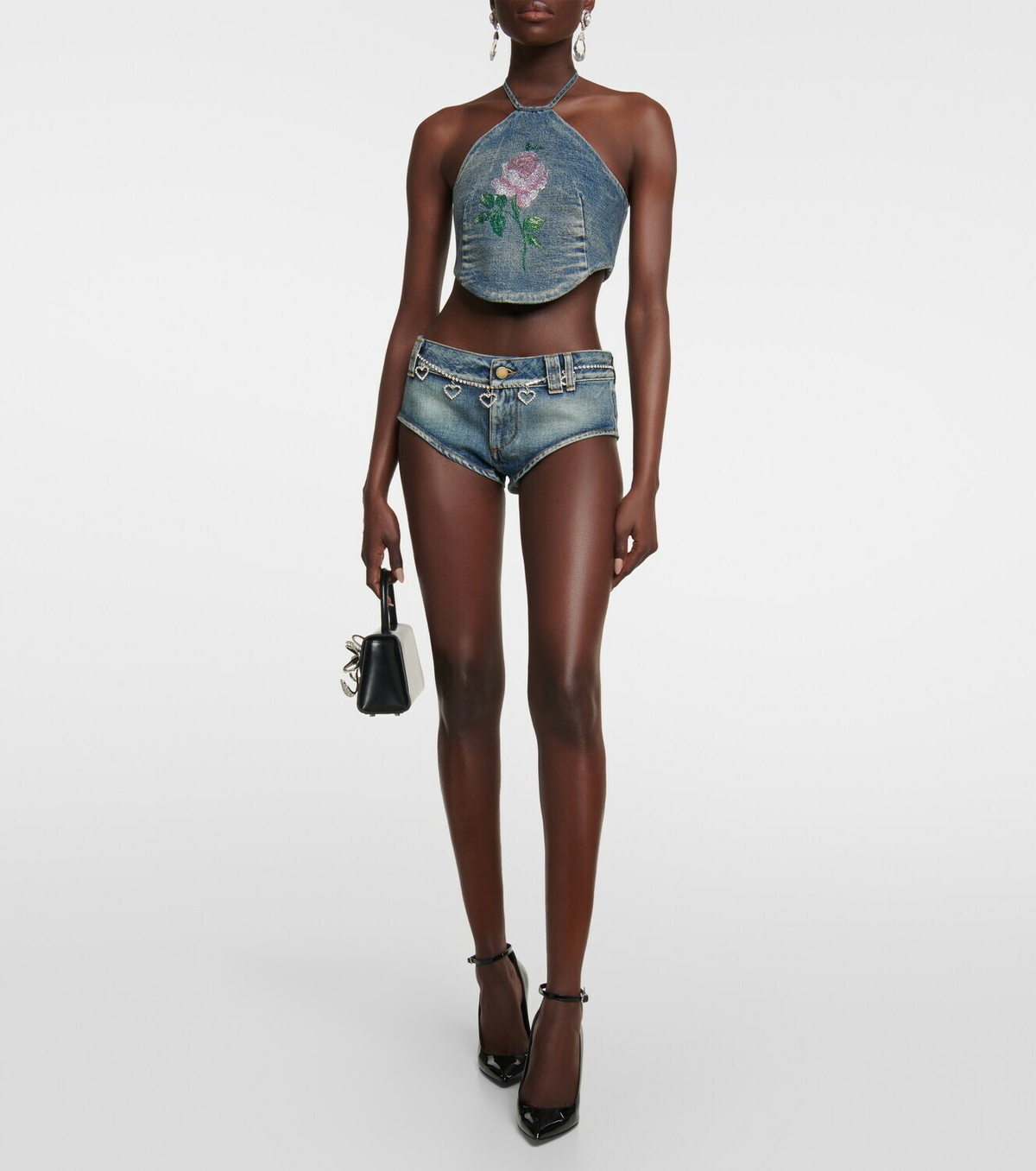 Alessandra Rich Crystal-embellished denim shorts